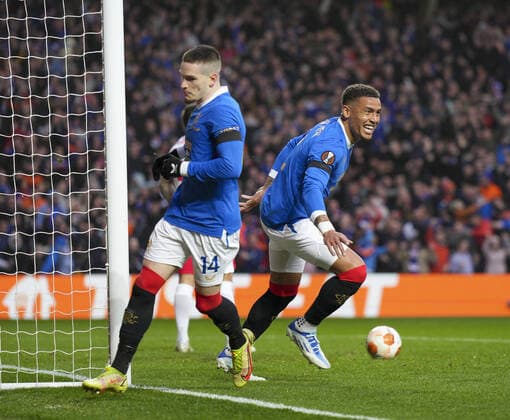 Mandatory Credit: Photo by Stuart Wallace Shutterstock (12925383m) Rangers Captain James Tavernier celebrates scoring to give Rangers a 1-0 lead (agg. 1-1), with Ryan Kent of Rangers (assist), left. Rangers v RB Leipzig, UEFA Europa League, Semi Final, Second Leg, Football, Ibrox Stadium, Glasgow, UK - 05 May 2022 EDITORIAL USE ONLY No use with unauthorised audio, video, data, fixture lists, club league logos or live services. Online in-match use limited to 120 images, no video emulation. No use in betting, games or single club league player publications. Rangers v RB Leipzig, UEFA Europa League, Semi Final, Second Leg, Football, Ibrox Stadium, Glasgow, UK - 05 May 2022 EDITORIAL USE ONLY No use with unauthorised audio, video, data, fixture lists, club league logos or live services. Online in-match use limited to 120 images, no video emulation. No use in betting, games or single club league player publications.  Copyright: xStuartxWallace Shutterstockx 12925383m