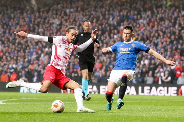 Glasgow Rangers RB Leipzig 05 05 2022 Glasgow, 05 05 2022, Ibrox Stadium, Football, 2021 2022 season, Europa League, Semifinals, Glasgow Rangers RB Leipzig , Pictured v l Yussuf Poulsen 9, RB Leipzig and Ryan Jack 8, Rangers UEFA regulations prohibit any use of photographs as image sequences and or quasi video