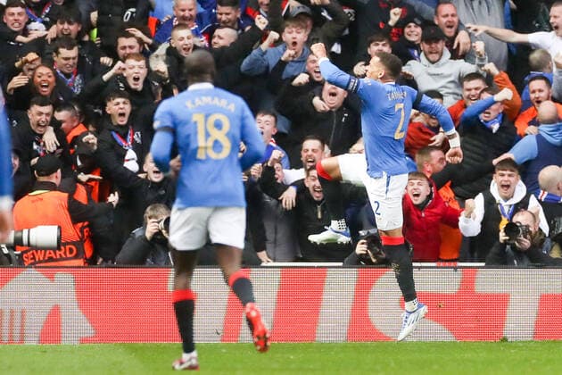 Glasgow Rangers RB Leipzig 05 05 2022 Glasgow, 05 05 2022, Ibrox Stadium, Football, Season 2021 2022, Europa League, Semi final, Glasgow Rangers RB Leipzig , In picture Goal for Glasgow, Goal celebration after 1 0, Scorer James Tavernier 2, Rangers UEFA regulations prohibit any use of photographs as image sequences and or quasi video