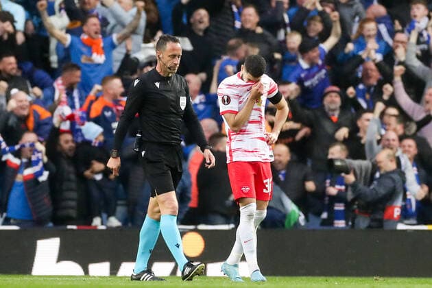 Glasgow Rangers RB Leipzig 05 05 2022 Glasgow, 05 05 2022, Ibrox Stadium, Football, 2021 2022 season, Europa League, Semi final, Glasgow Rangers RB Leipzig , In picture Josko Gvardiol 32, RB Leipzig after the 1 0 UEFA regulations prohibit any use of photographs as image sequences and or quasi video