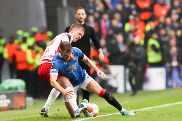 Glasgow Rangers RB Leipzig 05 05 2022 Glasgow, 05 05 2022, Ibrox Stadium, Football, Season 2021 2022, Europa League, Semifinal, Glasgow Rangers RB Leipzig , Pictured f l Dani Olmo 25, RB Leipzig and Borna Barisic 31, Rangers UEFA regulations prohibit any use of photographs as image sequences and or quasi video