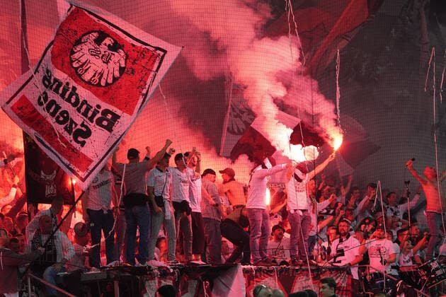 Eintracht fans celebrate with pyrotechnics Frankfurt 05 05 2022 Eintracht Frankfurt vs West Ham United, UEFA Europa League, semi-final second leg