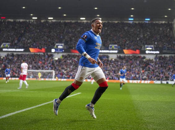 Mandatory Credit: Photo by Stuart Wallace Shutterstock (12925383t) Rangers Captain James Tavernier celebrates scoring to give Rangers a 1-0 lead (agg. 1-1). Rangers v RB Leipzig, UEFA Europa League, Semi Final, Second Leg, Football, Ibrox Stadium, Glasgow, UK - 05 May 2022 EDITORIAL USE ONLY No use with unauthorised audio, video, data, fixture lists, club league logos or live services. Online in-match use limited to 120 images, no video emulation. No use in betting, games or single club league player publications. Rangers v RB Leipzig, UEFA Europa League, Semi Final, Second Leg, Football, Ibrox Stadium, Glasgow, UK - 05 May 2022 EDITORIAL USE ONLY No use with unauthorised audio, video, data, fixture lists, club league logos or live services. Online in-match use limited to 120 images, no video emulation. No use in betting, games or single club league player publications.  Copyright: xStuartxWallace Shutterstockx 12925383t