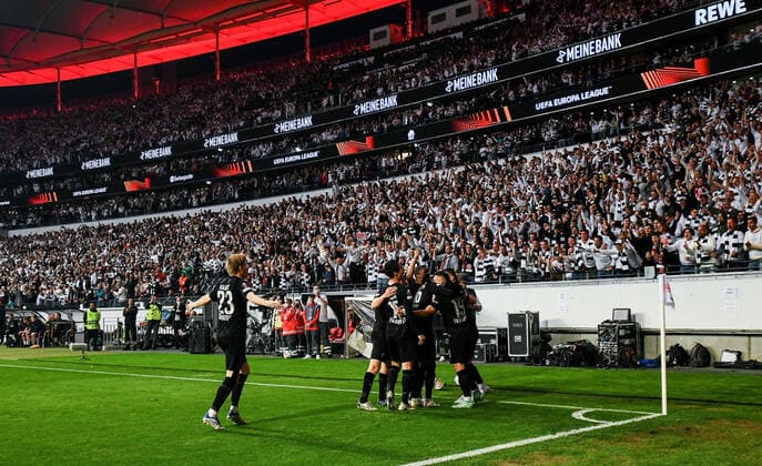 05 05 2022, xpsx, football UEFA Europa League 1 2 final, Eintracht Frankfurt West Ham United v l celebrate the goal, goal celebration for 1 0 goal scorer Rafael Borre Eintracht Frankfurt DFL DFB REGULATIONS PROHIBIT ANY USE OF PHOTOGRAPHS as IMAGE SEQUENCES and or QUASI VIDEO emspor Frankfurt
