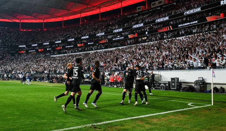 05 05 2022, xpsx, football UEFA Europa League 1 2 final, Eintracht Frankfurt West Ham United v l celebrate the goal, goal celebration for 1 0 goal scorer Rafael Borre Eintracht Frankfurt DFL DFB REGULATIONS PROHIBIT ANY USE OF PHOTOGRAPHS as IMAGE SEQUENCES and or QUASI VIDEO emspor Frankfurt
