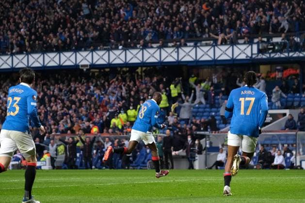 Ibrox Stadium, Glasgow, Scotland, May 5th 2022: Glen Kamara (Rangers) scores to make it 2-0 during the UEFA Europa League semi final 2nd leg match between Glasgow Rangers and RB Leipzig at Ibrox Stadium in Glasgow, Scotland. UEFA Europa League semi final 2nd leg Alex Todd SPP Glasgow Rangers v RB Leipzig 
