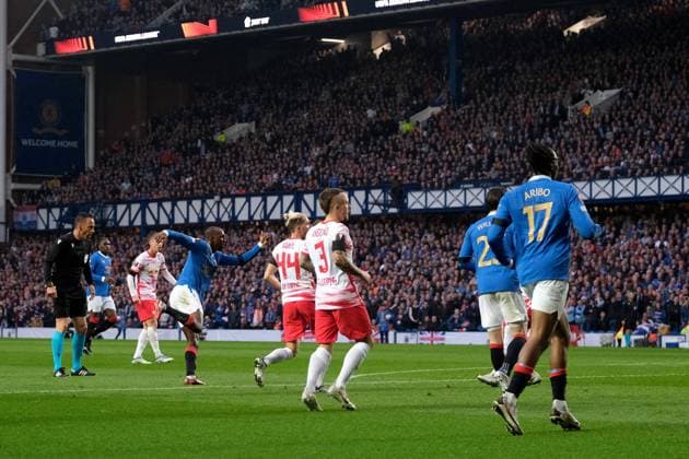 Ibrox Stadium, Glasgow, Scotland, May 5th 2022: Glen Kamara (Rangers) scores to make it 2-0 during the UEFA Europa League semi final 2nd leg match between Glasgow Rangers and RB Leipzig at Ibrox Stadium in Glasgow, Scotland. UEFA Europa League semi final 2nd leg Alex Todd SPP Glasgow Rangers v RB Leipzig 
