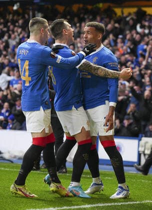 Mandatory Credit: Photo by Stuart Wallace Shutterstock (12925383z) Rangers Captain James Tavernier celebrates scoring to give Rangers a 1-0 lead (agg. 1-1) with team mates Ryan Kent & Ryan Jack. Rangers v RB Leipzig, UEFA Europa League, Semi Final, Second Leg, Football, Ibrox Stadium, Glasgow, UK - 05 May 2022 EDITORIAL USE ONLY No use with unauthorised audio, video, data, fixture lists, club league logos or live services. Online in-match use limited to 120 images, no video emulation. No use in betting, games or single club league player publications. Rangers v RB Leipzig, UEFA Europa League, Semi Final, Second Leg, Football, Ibrox Stadium, Glasgow, UK - 05 May 2022 EDITORIAL USE ONLY No use with unauthorised audio, video, data, fixture lists, club league logos or live services. Online in-match use limited to 120 images, no video emulation. No use in betting, games or single club league player publications.  Copyright: xStuartxWallace Shutterstockx 12925383z