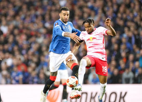 Glasgow Rangers RB Leipzig 05 05 2022 Glasgow, 05 05 2022, Ibrox Stadium, Football, 2021 2022 season, Europa League, Semifinals, Glasgow Rangers RB Leipzig , Im Bild v l UEFA regulations prohibit any use of photographs as image sequences and or quasi video