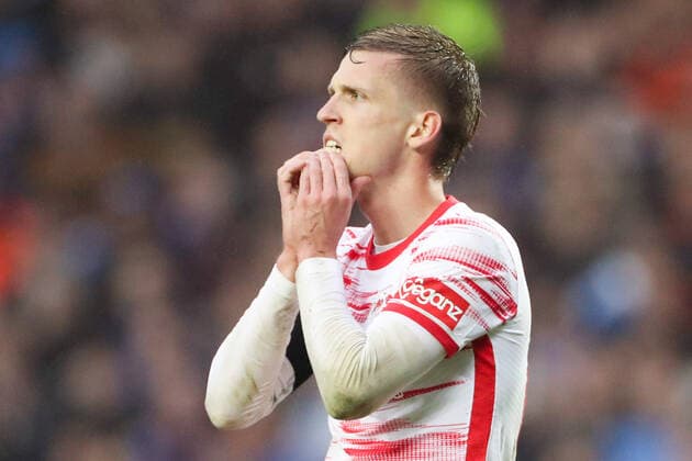Glasgow Rangers RB Leipzig 05 05 2022 Glasgow, 05 05 2022, Ibrox Stadium, Football, 2021 2022 season, Europa League, Semi final, Glasgow Rangers RB Leipzig , In picture Dani Olmo 25, RB Leipzig after missed chance, UEFA regulations prohibit any use of photographs as image sequences and or quasi video