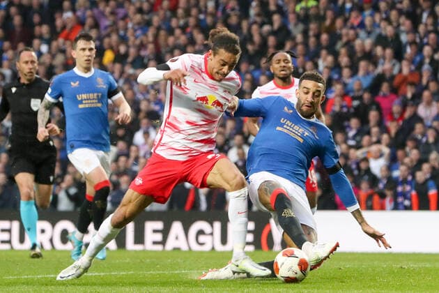 Glasgow Rangers RB Leipzig 05 05 2022 Glasgow, 05 05 2022, Ibrox Stadium, Football, 2021 2022 season, Europa League, Semifinals, Glasgow Rangers RB Leipzig , Pictured v l Yussuf Poulsen 9, RB Leipzig and Connor Goldson 6, Rangers UEFA regulations prohibit any use of photographs as image sequences and or quasi video