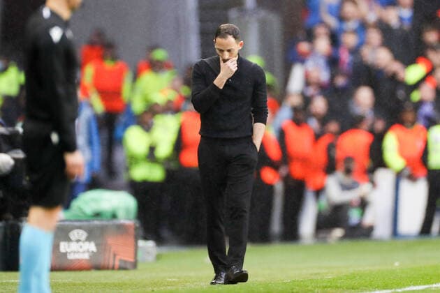 Glasgow Rangers RB Leipzig 05 05 2022 Glasgow, 05 05 2022, Ibrox Stadium, Football, Season 2021 2022, Europa League, Semi final, Glasgow Rangers RB Leipzig , In picture Coach Domenico Tedesco RB Leipzig UEFA regulations prohibit any use of photographs as image sequences and or quasi video