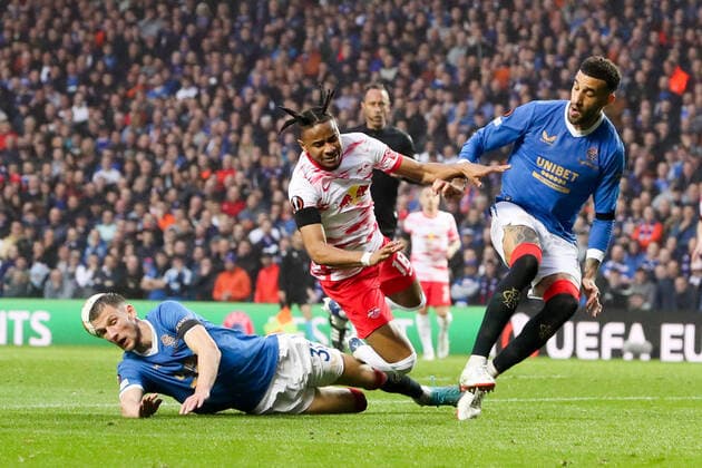 Glasgow Rangers RB Leipzig 05 05 2022 Glasgow, 05 05 2022, Ibrox Stadium, Football, 2021 2022 season, Europa League, Semifinals, Glasgow Rangers RB Leipzig , Pictured f l Borna Barisic 31, Rangers , Christopher Nkunku 18, RB Leipzig and Connor Goldson 6, Rangers UEFA regulations prohibit any use of photographs as image sequences and or quasi video