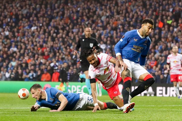 Glasgow Rangers RB Leipzig 05 05 2022 Glasgow, 05 05 2022, Ibrox Stadium, Football, 2021 2022 season, Europa League, Semifinals, Glasgow Rangers RB Leipzig , Pictured f l Borna Barisic 31, Rangers , Christopher Nkunku 18, RB Leipzig and Connor Goldson 6, Rangers UEFA regulations prohibit any use of photographs as image sequences and or quasi video