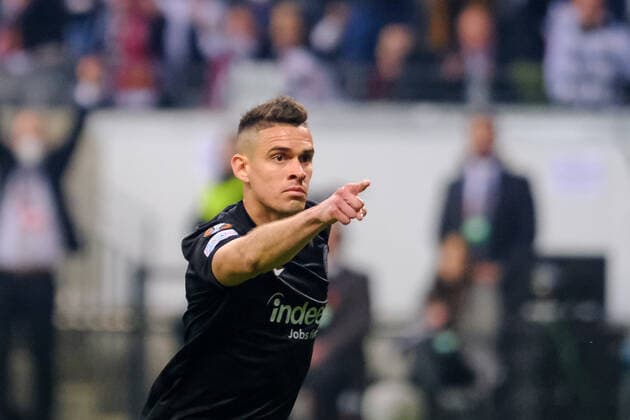 Rafael Borre Eintracht Frankfurt, 19 cheers his goal to 1 0, Eintracht Frankfurt vs West Ham United, football, Europa League, semifinal, second leg, season 2021 2022, 05 05 2022, Eintracht Frankfurt vs West Ham United, football, Europa League, semifinal, second leg, season 2021 2022, 05 05 2022 Frankfurt am Main Copyright: xEibner-Pressefotox EP_EER