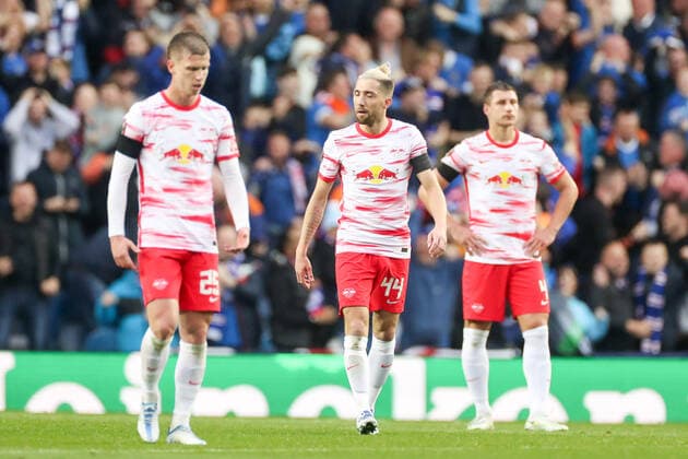 Glasgow Rangers RB Leipzig 05 05 2022 Glasgow, 05 05 2022, Ibrox Stadium, Football, 2021 2022 season, Europa League, Semi final, Glasgow Rangers RB Leipzig , In picture Leipzig player disappointed after 2 0 UEFA regulations prohibit any use of photographs as image sequences and or quasi video