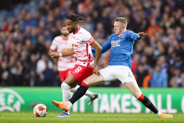 Glasgow Rangers RB Leipzig 05 05 2022 Glasgow, 05 05 2022, Ibrox Stadium, Football, 2021 2022 season, Europa League, Semifinals, Glasgow Rangers RB Leipzig , Pictured f l Christopher Nkunku 18, RB Leipzig and John Lundstram 4, Rangers UEFA regulations prohibit any use of photographs as image sequences and or quasi video