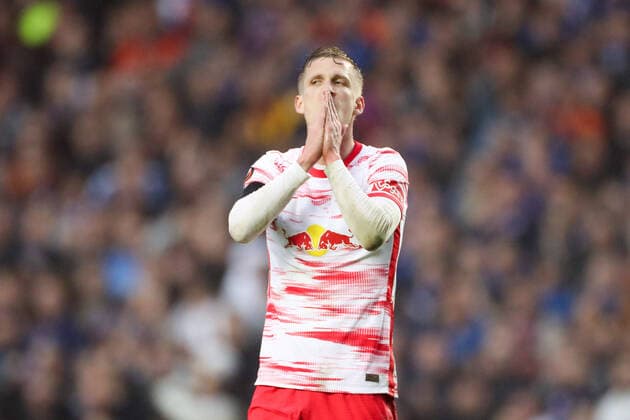 Glasgow Rangers RB Leipzig 05 05 2022 Glasgow, 05 05 2022, Ibrox Stadium, Football, 2021 2022 season, Europa League, Semi final, Glasgow Rangers RB Leipzig , In picture Dani Olmo 25, RB Leipzig after missed chance, UEFA regulations prohibit any use of photographs as image sequences and or quasi video