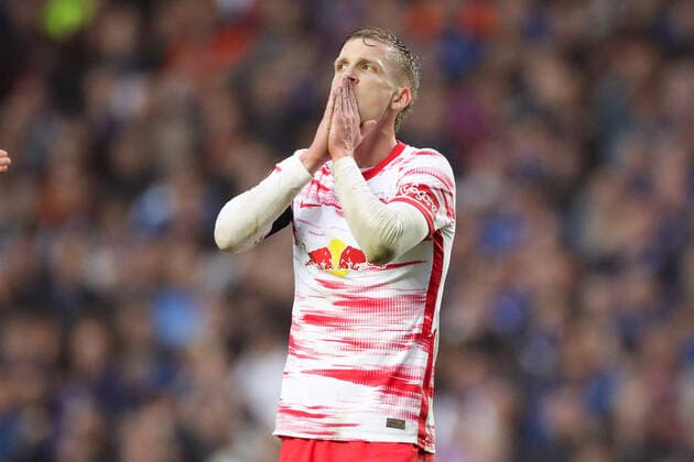 Glasgow Rangers RB Leipzig 05 05 2022 Glasgow, 05 05 2022, Ibrox Stadium, Football, 2021 2022 season, Europa League, Semi final, Glasgow Rangers RB Leipzig , In picture Dani Olmo 25, RB Leipzig after missed chance, UEFA regulations prohibit any use of photographs as image sequences and or quasi video