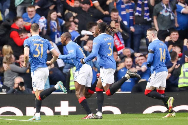 Glasgow Rangers RB Leipzig 05 05 2022 Glasgow, 05 05 2022, Ibrox Stadium, Football, Season 2021 2022, Europa League, Semi final, Glasgow Rangers RB Leipzig , In picture goal for Glasgow, goal celebration after 2 0 UEFA regulations prohibit any use of photographs as image sequences and or quasi video
