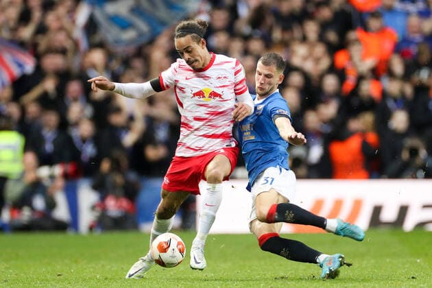 Glasgow Rangers RB Leipzig 05 05 2022 Glasgow, 05 05 2022, Ibrox Stadium, Football, 2021 2022 season, Europa League, Semifinals, Glasgow Rangers RB Leipzig , Pictured v l Yussuf Poulsen 9, RB Leipzig and Borna Barisic 31, Rangers UEFA regulations prohibit any use of photographs as image sequences and or quasi video
