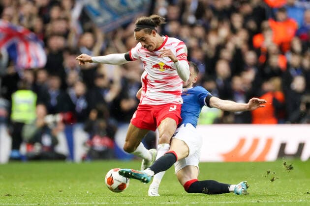 Glasgow Rangers RB Leipzig 05 05 2022 Glasgow, 05 05 2022, Ibrox Stadium, Football, 2021 2022 season, Europa League, Semifinals, Glasgow Rangers RB Leipzig , Pictured v l Yussuf Poulsen 9, RB Leipzig and Borna Barisic 31, Rangers UEFA regulations prohibit any use of photographs as image sequences and or quasi video