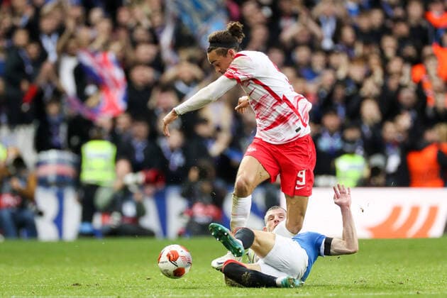 Glasgow Rangers RB Leipzig 05 05 2022 Glasgow, 05 05 2022, Ibrox Stadium, Football, 2021 2022 season, Europa League, Semifinals, Glasgow Rangers RB Leipzig , Pictured v l Yussuf Poulsen 9, RB Leipzig and Borna Barisic 31, Rangers UEFA regulations prohibit any use of photographs as image sequences and or quasi video