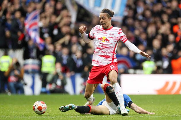 Glasgow Rangers RB Leipzig 05 05 2022 Glasgow, 05 05 2022, Ibrox Stadium, Football, 2021 2022 season, Europa League, Semifinals, Glasgow Rangers RB Leipzig , Pictured v l Yussuf Poulsen 9, RB Leipzig and Borna Barisic 31, Rangers UEFA regulations prohibit any use of photographs as image sequences and or quasi video