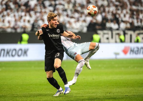Jens Petter Hauge F vs Aaron Cresswell WHU Football Europa League, semi-final Eintracht Frankfurt West Ham United on 05 05 2022 in Frankfurt Germany DEUTSCHE BANK PARK