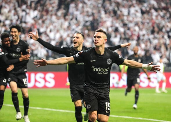 Goal Rafael BORRE Eintracht Frankfurt after goal to 1 0, cheers, joy, enthusiasm, action football Europa League, semi-final Eintracht Frankfurt West Ham United on 05 05 2022 in Frankfurt Germany DEUTSCHE BANK PARK