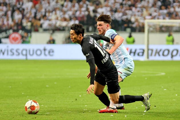 Frankfurt, Germany 05 May 2022 Europa League 1 2 Final 2021 2022 Eintracht Frankfurt vs West Ham United v li in duel Daichi Kamada Frankfurt vs Declan Rice West Ham Deutsche Bank Park Hesse Copyright: xFotostandx xRacochax