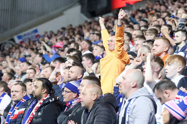 Glasgow Rangers RB Leipzig 05 05 2022 Glasgow, 05 05 2022, Ibrox Stadium, Football, 2021 2022 season, Europa League, Semi final, Glasgow Rangers RB Leipzig , In picture Fans Glasgow Rangers UEFA regulations prohibit any use of photographs as image sequences and or quasi video