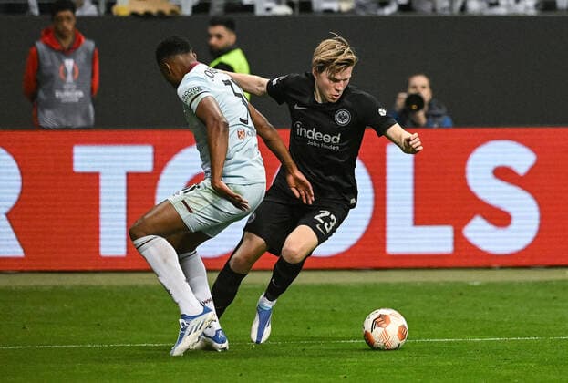 05 05 2022, xpsx, football UEFA Europa League 1 2 final, Eintracht Frankfurt West Ham United v l Ben Johnson West Ham United , Jens Petter Hauge Eintracht Frankfurt DFL DFB REGULATIONS PROHIBIT ANY USE OF PHOTOGRAPHS as IMAGE SEQUENCES and or QUASI VIDEO emspor Frankfurt