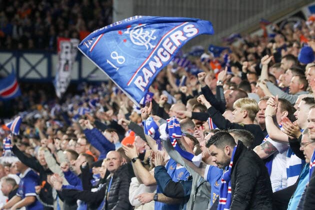 Glasgow Rangers RB Leipzig 05 05 2022 Glasgow, 05 05 2022, Ibrox Stadium, Football, 2021 2022 season, Europa League, Semi final, Glasgow Rangers RB Leipzig , In picture Fans Glasgow Rangers UEFA regulations prohibit any use of photographs as image sequences and or quasi video