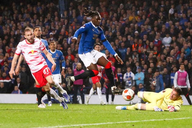 Glasgow Rangers RB Leipzig 05 05 2022 Glasgow, 05 05 2022, Ibrox Stadium, football, 2021 2022 season, Europa League, semi-final, Glasgow Rangers RB Leipzig , Pictured f l Konrad Laimer 27, RB Leipzig , Calvin Bassey 3, Rangers and goalkeeper Allan McGregor 1, Rangers UEFA regulations prohibit any use of photographs as image sequences and or quasi video