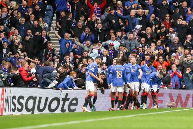 Glasgow Rangers RB Leipzig 05 05 2022 Glasgow, 05 05 2022, Ibrox Stadium, Football, Season 2021 2022, Europa League, Semi final, Glasgow Rangers RB Leipzig , In picture goal for Glasgow, goal celebration after 3 1 UEFA regulations prohibit any use of photographs as image sequences and or quasi video