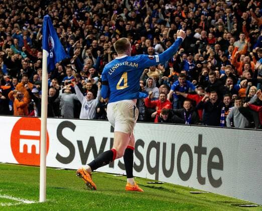 Mandatory Credit: Photo by Luke Nickerson Rangers FC Shutterstock (12926015ae) Rangers Midfielder John Lundstram celebrates scoring his sides third goal Rangers v RB Leipzig, UEFA Europa League, Semi Final, Second Leg, Football, Ibrox Stadium, Glasgow, UK - 05 May 2022 EDITORIAL USE ONLY No use with unauthorised audio, video, data, fixture lists, club league logos or live services. Online in-match use limited to 120 images, no video emulation. No use in betting, games or single club league player publications. Rangers v RB Leipzig, UEFA Europa League, Semi Final, Second Leg, Football, Ibrox Stadium, Glasgow, UK - 05 May 2022 EDITORIAL USE ONLY No use with unauthorised audio, video, data, fixture lists, club league logos or live services. Online in-match use limited to 120 images, no video emulation. No use in betting, games or single club league player publications.  Copyright: xLukexNickerson RangersxFC Shutterstockx 12926015ae