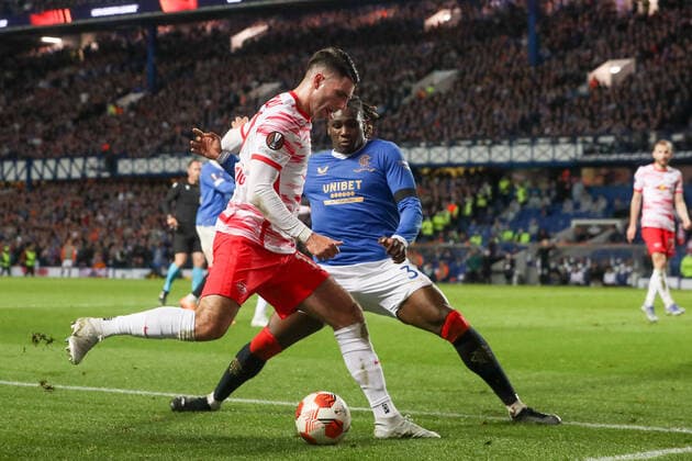 Glasgow Rangers RB Leipzig 05 05 2022 Glasgow, 05 05 2022, Ibrox Stadium, Football, 2021 2022 season, Europa League, Semifinals, Glasgow Rangers RB Leipzig , Pictured f l Dominik Szoboszlai 17, RB Leipzig and Calvin Bassey 3, Rangers UEFA regulations prohibit any use of photographs as image sequences and or quasi video
