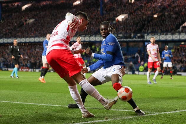 Glasgow Rangers RB Leipzig 05 05 2022 Glasgow, 05 05 2022, Ibrox Stadium, Football, 2021 2022 season, Europa League, Semifinals, Glasgow Rangers RB Leipzig , Pictured f l Dominik Szoboszlai 17, RB Leipzig and Calvin Bassey 3, Rangers UEFA regulations prohibit any use of photographs as image sequences and or quasi video