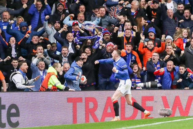 Glasgow Rangers RB Leipzig 05 05 2022 Glasgow, 05 05 2022, Ibrox Stadium, Football, 2021 2022 season, Europa League, Semi final, Glasgow Rangers RB Leipzig , In picture goal for Glasgow, goal celebration after 3 1, John Lundstram 4, Rangers UEFA regulations prohibit any use of photographs as image sequences and or quasi video