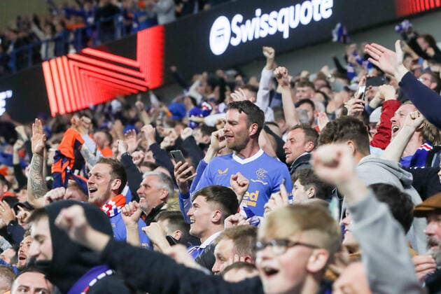 Glasgow Rangers RB Leipzig 05 05 2022 Glasgow, 05 05 2022, Ibrox Stadium, Football, 2021 2022 season, Europa League, Semi final, Glasgow Rangers RB Leipzig , In picture Fans Glasgow Rangers UEFA regulations prohibit any use of photographs as image sequences and or quasi video