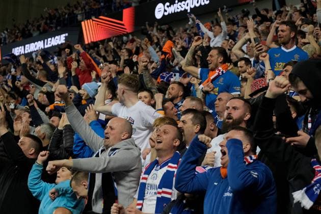 Ibrox Stadium, Glasgow, Scotland, May 5th 2022: Rangers fans celebrate after John Lundstram (Rangers) scores the winning goal to make it 3-1 during the UEFA Europa League semi final 2nd leg match between Glasgow Rangers and RB Leipzig at Ibrox Stadium in Glasgow, Scotland. UEFA Europa League semi final 2nd leg Alex Todd SPP Glasgow Rangers v RB Leipzig 