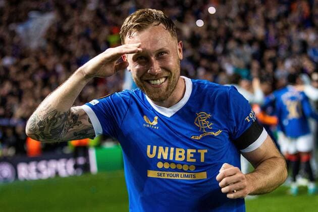 Mandatory Credit: Photo by Kirk O Rourke Rangers FC Shutterstock (12926021br) Scott Arfield of Rangers celebrates at the end of the Europa League Semi Final match against RB Leipzig at Ibrox Stadium, Glasgow. Rangers v RB Leipzig, UEFA Europa League, Semi Final, Second Leg, Football, Ibrox Stadium, Glasgow, UK - 05 May 2022 EDITORIAL USE ONLY No use with unauthorised audio, video, data, fixture lists, club league logos or live services. Online in-match use limited to 120 images, no video emulation. No use in betting, games or single club league player publications. Rangers v RB Leipzig, UEFA Europa League, Semi Final, Second Leg, Football, Ibrox Stadium, Glasgow, UK - 05 May 2022 EDITORIAL USE ONLY No use with unauthorised audio, video, data, fixture lists, club league logos or live services. Online in-match use limited to 120 images, no video emulation. No use in betting, games or single club league player publications. Copyright: xKirkxO Rourke RangersxFC Shutterstockx 12926021br