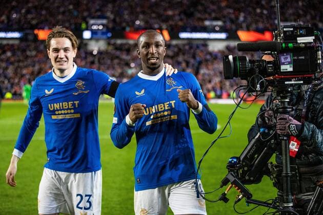 Mandatory Credit: Photo by Kirk O Rourke Rangers FC Shutterstock (12926021ca) Scott Wright and Glen Kamara celebrate at the end of the Europa League Semi Final match against RB Leipzig at Ibrox Stadium, Glasgow. Rangers v RB Leipzig, UEFA Europa League, Semi Final, Second Leg, Football, Ibrox Stadium, Glasgow, UK - 05 May 2022 EDITORIAL USE ONLY No use with unauthorised audio, video, data, fixture lists, club league logos or live services. Online in-match use limited to 120 images, no video emulation. No use in betting, games or single club league player publications. Rangers v RB Leipzig, UEFA Europa League, Semi Final, Second Leg, Football, Ibrox Stadium, Glasgow, UK - 05 May 2022 EDITORIAL USE ONLY No use with unauthorised audio, video, data, fixture lists, club league logos or live services. Online in-match use limited to 120 images, no video emulation. No use in betting, games or single club league player publications. Copyright: xKirkxO Rourke RangersxFC Shutterstockx 12926021ca