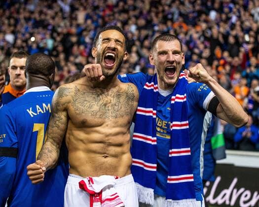 Sport Bilder des Tages Mandatory Credit: Photo by Kirk O Rourke Rangers FC Shutterstock (12926021de) Connor Goldson and Borna Barisic celebrate at the end of the Europa League Semi Final match against RB Leipzig at Ibrox Stadium, Glasgow. Rangers v RB Leipzig, UEFA Europa League, Semi Final, Second Leg, Football, Ibrox Stadium, Glasgow, UK - 05 May 2022 EDITORIAL USE ONLY No use with unauthorised audio, video, data, fixture lists, club league logos or live services. Online in-match use limited to 120 images, no video emulation. No use in betting, games or single club league player publications. Rangers v RB Leipzig, UEFA Europa League, Semi Final, Second Leg, Football, Ibrox Stadium, Glasgow, UK - 05 May 2022 EDITORIAL USE ONLY No use with unauthorised audio, video, data, fixture lists, club league logos or live services. Online in-match use limited to 120 images, no video emulation. No use in betting, games or single club league player publications. Copyright: xKirkxO Rourke RangersxFC Shutterstockx 12926021de