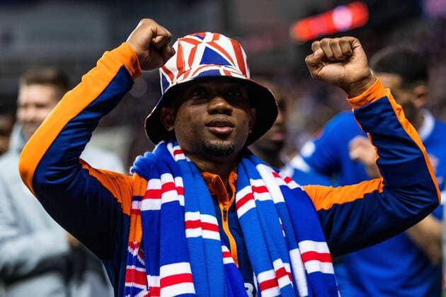 Mandatory Credit: Photo by Kirk O Rourke Rangers FC Shutterstock (12926021dh) Amad Diallo celebrates at the end of the Europa League Semi Final match against RB Leipzig at Ibrox Stadium, Glasgow. Rangers v RB Leipzig, UEFA Europa League, Semi Final, Second Leg, Football, Ibrox Stadium, Glasgow, UK - 05 May 2022 EDITORIAL USE ONLY No use with unauthorised audio, video, data, fixture lists, club league logos or live services. Online in-match use limited to 120 images, no video emulation. No use in betting, games or single club league player publications. Rangers v RB Leipzig, UEFA Europa League, Semi Final, Second Leg, Football, Ibrox Stadium, Glasgow, UK - 05 May 2022 EDITORIAL USE ONLY No use with unauthorised audio, video, data, fixture lists, club league logos or live services. Online in-match use limited to 120 images, no video emulation. No use in betting, games or single club league player publications. Copyright: xKirkxO Rourke RangersxFC Shutterstockx 12926021dh