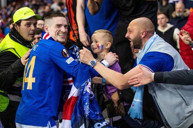 Mandatory Credit: Photo by Kirk O Rourke Rangers FC Shutterstock (12926021dx) Ryan Kent of Rangers celebrates with fans at the end of the Europa League Semi Final match against RB Leipzig at Ibrox Stadium, Glasgow. Rangers v RB Leipzig, UEFA Europa League, Semi Final, Second Leg, Football, Ibrox Stadium, Glasgow, UK - 05 May 2022 EDITORIAL USE ONLY No use with unauthorised audio, video, data, fixture lists, club league logos or live services. Online in-match use limited to 120 images, no video emulation. No use in betting, games or single club league player publications. Rangers v RB Leipzig, UEFA Europa League, Semi Final, Second Leg, Football, Ibrox Stadium, Glasgow, UK - 05 May 2022 EDITORIAL USE ONLY No use with unauthorised audio, video, data, fixture lists, club league logos or live services. Online in-match use limited to 120 images, no video emulation. No use in betting, games or single club league player publications. Copyright: xKirkxO Rourke RangersxFC Shutterstockx 12926021dx
