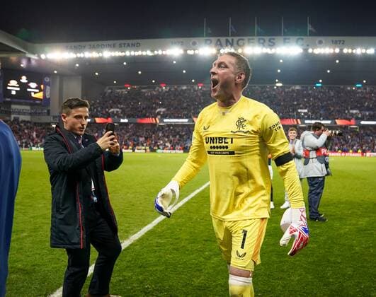 Mandatory Credit: Photo by Stuart Wallace Shutterstock (12925383bg) Rangers goalkeeper Allan McGregor celebrates after the final whistle as Rangers progress to the UEFA Europa League Final after beating RB Leipzig 3-1 (agg. 3-2). Rangers v RB Leipzig, UEFA Europa League, Semi Final, Second Leg, Football, Ibrox Stadium, Glasgow, UK - 05 May 2022 EDITORIAL USE ONLY No use with unauthorised audio, video, data, fixture lists, club league logos or live services. Online in-match use limited to 120 images, no video emulation. No use in betting, games or single club league player publications. Rangers v RB Leipzig, UEFA Europa League, Semi Final, Second Leg, Football, Ibrox Stadium, Glasgow, UK - 05 May 2022 EDITORIAL USE ONLY No use with unauthorised audio, video, data, fixture lists, club league logos or live services. Online in-match use limited to 120 images, no video emulation. No use in betting, games or single club league player publications. Copyright: xStuartxWallace Shutterstockx 12925383bg