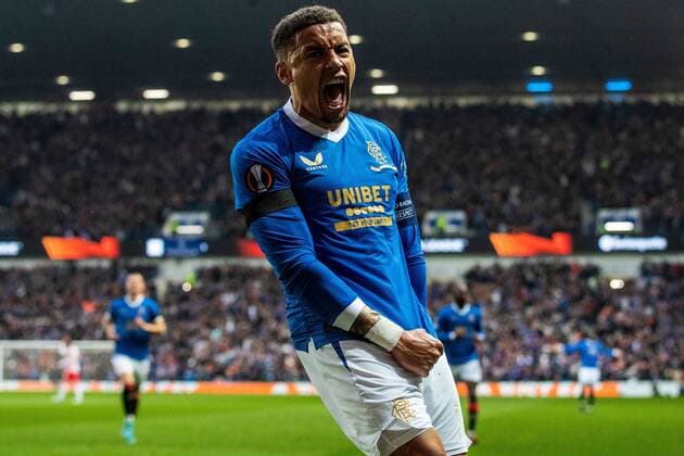 Mandatory Credit: Photo by Kirk O Rourke Rangers FC Shutterstock (12926021eo) Rangers captain James Tavernier celebrates his goal during the Europa League Semi Final match against RB Leipzig at Ibrox Stadium, Glasgow. Rangers v RB Leipzig, UEFA Europa League, Semi Final, Second Leg, Football, Ibrox Stadium, Glasgow, UK - 05 May 2022 EDITORIAL USE ONLY No use with unauthorised audio, video, data, fixture lists, club league logos or live services. Online in-match use limited to 120 images, no video emulation. No use in betting, games or single club league player publications. Rangers v RB Leipzig, UEFA Europa League, Semi Final, Second Leg, Football, Ibrox Stadium, Glasgow, UK - 05 May 2022 EDITORIAL USE ONLY No use with unauthorised audio, video, data, fixture lists, club league logos or live services. Online in-match use limited to 120 images, no video emulation. No use in betting, games or single club league player publications. Copyright: xKirkxO Rourke RangersxFC Shutterstockx 12926021eo