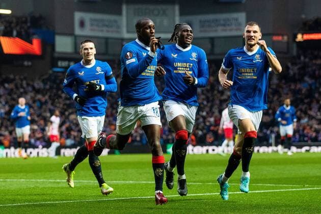 Mandatory Credit: Photo by Kirk O Rourke Rangers FC Shutterstock (12926021ex) Glen Kamara of Rangers celebrates his goal while kissing his black arm band in memory of kitman Jimmy Bell alongside Ryan Kent, Calvin Bassey and Borna Barisic during the Europa League Semi Final match against RB Leipzig at Ibrox Stadium, Glasgow. Rangers v RB Leipzig, UEFA Europa League, Semi Final, Second Leg, Football, Ibrox Stadium, Glasgow, UK - 05 May 2022 EDITORIAL USE ONLY No use with unauthorised audio, video, data, fixture lists, club league logos or live services. Online in-match use limited to 120 images, no video emulation. No use in betting, games or single club league player publications. Rangers v RB Leipzig, UEFA Europa League, Semi Final, Second Leg, Football, Ibrox Stadium, Glasgow, UK - 05 May 2022 EDITORIAL USE ONLY No use with unauthorised audio, video, data, fixture lists, club league logos or live services. Online in-match use limited to 120 images, no video emulation. No use in betting, games or single club league player publications.  Copyright: xKirkxO Rourke RangersxFC Shutterstockx 12926021ex